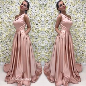 A Line Pink Long Evening Dress One Shoulder Satin Formal Prom Party Event Gown Plus Size Custom Made