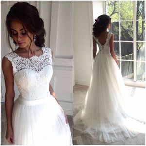 Vintage Cheap Country Wedding Dresses A Line Sheer Neck Train 2018 Bridal Gowns Sexy Low Back Lace Boho Holiday Summer Petite Wedding Dress