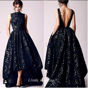2019 New Arrival High Collar Long Evening Dress Vintage Arabic Lace Backless High Low Formal Women Party Gown Plus Size