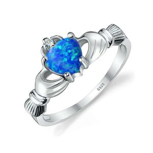 New Claddagh Women Blue Opal 5A Zircon Cz White Gold Filled Engagement Wedding Band Ring for Women Fashion Jewelry