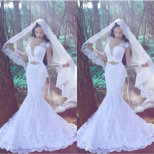 Gorgeous 2017 Sheer Neck Lace Mermaid Wedding Dresses Sexy Illusion Long Sleeves Beaded Sash Long Bridal Gowns Custom Made China EN8179