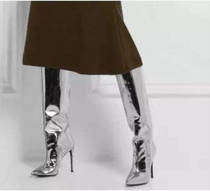 2017 Nowo Damskie Kolano High Boots Moda Lustro Skórzane Długie Botki Cienkie piętę Point Toe Sliver Botki Sukienka Buty na kolanach High Boots