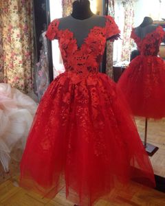 Attraktiva röda hemkommande klänningar för juniorer Sheer Jewel Neck A-Line 3D-applikationer Korta promklänningar Knälängd Tulle Party Dress 407