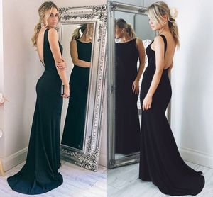 Elegancka Czarna Satynowa Syrenka Suknie Wieczorowe Łódź Neck Bez Rękawów Bez Backless Suknie Wieczorowe Proste Suknie Formalne Sweep Pociąg