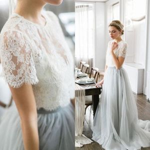 Country Style Wedding Dresses 2017 Cheap White Lace Dusty Blue Tulle Short Sleeve Long Bridal Gowns Plus Size Custom Made EN11241