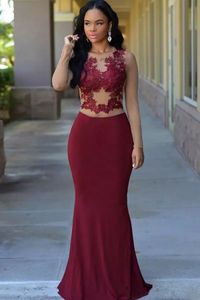 Elegant Arabic Burgundy Sexy Sheer Lace Applique Jewel Chiffon Evening Dress Long Sleeve Mermaid Prom Party Celebrity Gowns