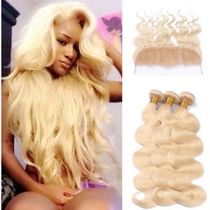 613 Blond Human Hair and Lace Frontal 13 * 4 Billiga Human Hair Body Wave 3pcs Bundlar med 1pc Ear till Ear Full Lace Frontal