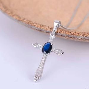 Vintage cross necklace pendant 5*7mm natural dark blue sapphire gemstone cross pendant solid 925 silver sapphire necklace pendant