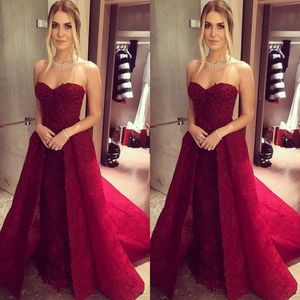 Modest 2017 Dark Red Lace Sweetheart Zroszony Suknie Formalne z odpinanym pociągu Długie Formalne Suknie Wieczorowe Plus Size Custom Made EN82515