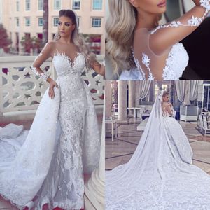 Noble White 2017 Jewel Sheer Neck Maniche lunghe Abiti da sposa Cerniera posteriore con applique staccabile Corte dei treni Abiti da sposa su misura 2017