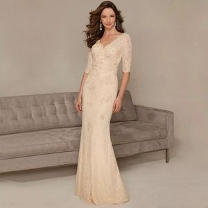 Half Long Sleeves Lace Mermaid Long Evening Gowns Beaed Sequined V-Neck Floor Length Mother of the Bride Dresses