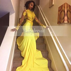 Mooie gele kant geappliceerd Zuid-Afrikaanse prom jurk zeemeermin lange mouw banket avond feestjurk op maat gemaakte plus size