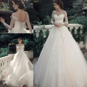 Milva Bridal Vintage Lace Beach Princess Suknie Ślubne 2019 Sheer Neck Długi Rękaw Plus Size Country Corset Top Wedding Bridal Sukienka