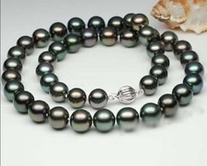 Natural 9-10mm Black Tahitian Cultured Pearl Round Beads Necklace 18"HU2118