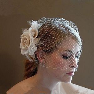 Wholesale pearl blusher veil for sale - Group buy 2018 New Arrival Stunning Net Ivory Blusher Veils With Flower Pearls Wedding Bridal Veils