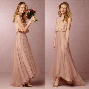 2017 Vintage Blush Różowe Dwa Kawałki Druhna Suknie Koronki Crop Wysoka Niska Plaża Druhna Dress Prom Party Suknie