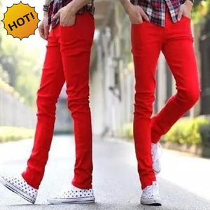 Gorący styl 2017 Moda Casual Solid Red Cuffed Noga Dżinsy Mężczyźni Skinny Stretch Nastolatki Ołówek Spodnie Denim Homme Dna 27-34
