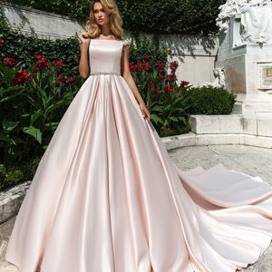 Baby Pink Satin Wedding Dresses Beteau Neckline Match Beaded Sash Sleeveless Ruched Bridal Dress Vintage Elegant Wedding Dress Custom Made