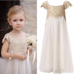 2020 Abito da ragazza di fiore da sposa vintage con scollo quadrato e maniche corte, linea a trapezio, abiti formali lunghi per bambini in tulle avorio, pizzo champagne