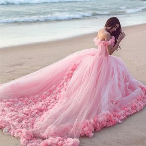 2021 Nuvem Rosa 3D Flor Rosa Vestidos de Noiva Longo Tule Puffy Ruffle Robe De Mariage Vestido de Noiva Said Mhamad