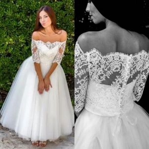 Elegant 2017 Lace Off The Shoulder Top Tulle Skirt Tea Length Wedding Dresses Vintage Cheap Half Sleeves Bridal Gowns Country EN8095