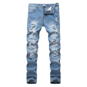 Light Blue Denim Jeans Men Spring New Ripped Jeans Fashion Straight Long Pants Holes Design Trousers Clothing for Male