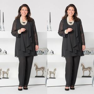 Cheap Black Mother Of The Bride Pant Suits With Jackets Scoop Neck Wedding Guest Dress Three Pieces Plus Size Chiffon Mothers Groom Dresses