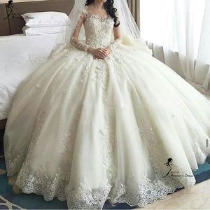 Long Sleeve Lace Ball Gown Wedding Dresses With Cathedral Train Beaded Applique Sheer Neck Tulle Puffy China Custom Made Wedding Gowns