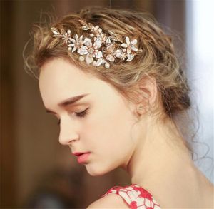 Matrimonio Tiara nuziale Corona Fiore Accessori per capelli Clip Gioielli Pettine Cristallo Strass Testa Pezzi Copricapo di perle Fascia per capelli principessa dorata