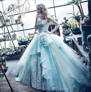 2020 Ocean Blue Dresses Evening Wear Ball Gown Lace Appliques Flower Quinceanera Gowns Vestidos Hand Made Special Occasion Dress