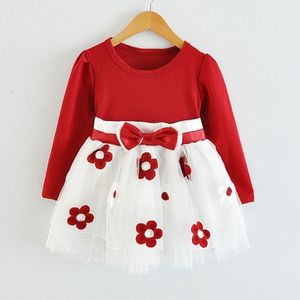 Wholesale- HOT New Infant Baby Girls Long Sleeve Flower Lace Tutu Dresses vestidos Todler Kids Cute 1 Year Birthday Wedding Party Dress Z1