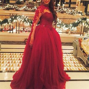 Burgundy Długie rękawy Wysokiej szyi Tulle Puffy Aplikacje Koronki Kobiety Suknie Wieczorowe Formalna Pagenat Suknia na Prom Dresses