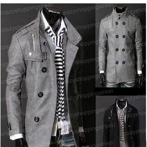 Free Shipping Black/Grey Men's Wool Coat Double Breasted Shoulder Epaulets Long Trench Coats Dropshi Free Shipping
