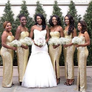 Hot South African Gold Sequin Mermaid Bridesmaid Dress Split Sweetheart Floor Length Bridesmaids Dresses Maid of Honor Dress