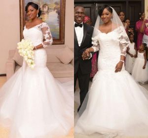 African Nigerian Mermaid Wedding Dresses 2017 New Cheap Long Sleeves Lace Appliques V Neck Illusion Plus Size Court Train Tulle Bridal Gowns