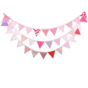 3 sztuk / partia 12 Flagi - 3.2m Tkaniny Bawełniane Banery Pink Traperting Decor Wedding Garland Girl's Birthday Party Decoration Bunting