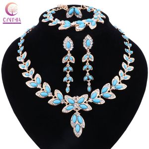 Women Trendy Necklace Boho Blue Crystal Jewelry Sets With Earrings Gold Color Silver Plated Statement Necklace For Wedding