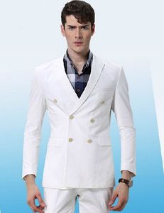 Wholesale- White Double Breasted Suits Fashion Men Suits High Quality Custome Homme Blazer Terno Slim Fit Masculino Handsome(Jacket+Pant)