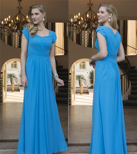 Simple Blue Chiffon Long Modest Bridesmaid Dresses With Short Sleeves A-line Floor Length Cap Sleeves Pleats Bridesmaids Dresses