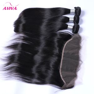 8A Brazilian Straight Virgin Hair Weaves 3 Bundles With Ear to Ear Lace Frontal Closures Peruvian Indian Malaysian Cambodian Remy Human Hair
