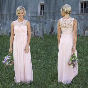 Nyanlända 2017 Lace Top Chiffong Kjol Land Brudtärna Klänningar Blush Rosa Billiga Jewel Golv Längd Maid of Honor Grows Casual EN7127