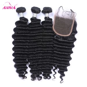 4 pçs / lote Malaysian profundo onda virgem cabelo humano tece com fecho 4 * 4size fecho de renda com 3 pacotes não processados ​​Malaio profundo cabelo encaracolado