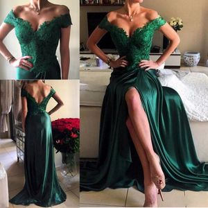 Eleganckie Dark Green Prom Dresses Lace Off Front Front High Split Suknie Wieczorowe Sexy Backless Linia Długa Formalna Party Dress Tanie