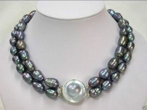 2 rzędy Naturalne 11-13mm Tahitian Black Pearl Necklace 17 