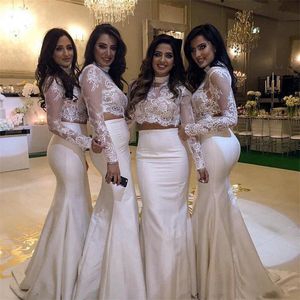 Lace And Satin Two Pieces Bridesmaid Dresses 2017 Illusion Sheer Long Sleeves Mermaid Maid Of Honor Gowns Wedding Guest Dress