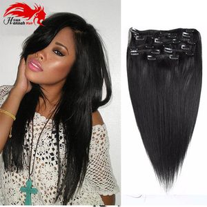 Hannah Produkt Full Head Clip In Human Hair Extensions Natural Black Hair Class 10 sztuk Proste Brazylijskie Hair Flash in Extensions