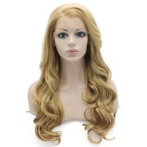 Long Wavy Ash Blonde Hand Tied Lace Front Synthetic Hair Wig