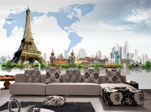 Kreativ 3D-arkitektur Världskarta Väggmålning Eiffeltornet Bakgrund för väggar 3 D för vardagsrum