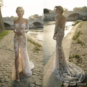 Julie Vino Beach Wedding Dresses Mermaid Sheer Off Shoulder Long Sleeves Illusion Bodice Tulle Split Bridal Gowns With Long Train