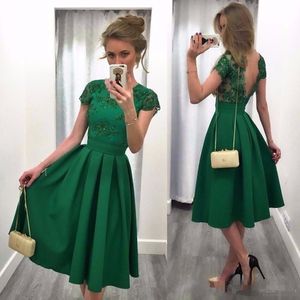 Sexy Green Knee Length Satin Cocktail Dresses Applique Short Sleeve Sequins Pleated Arabic Formal Girl Backless Prom Dresses For Women